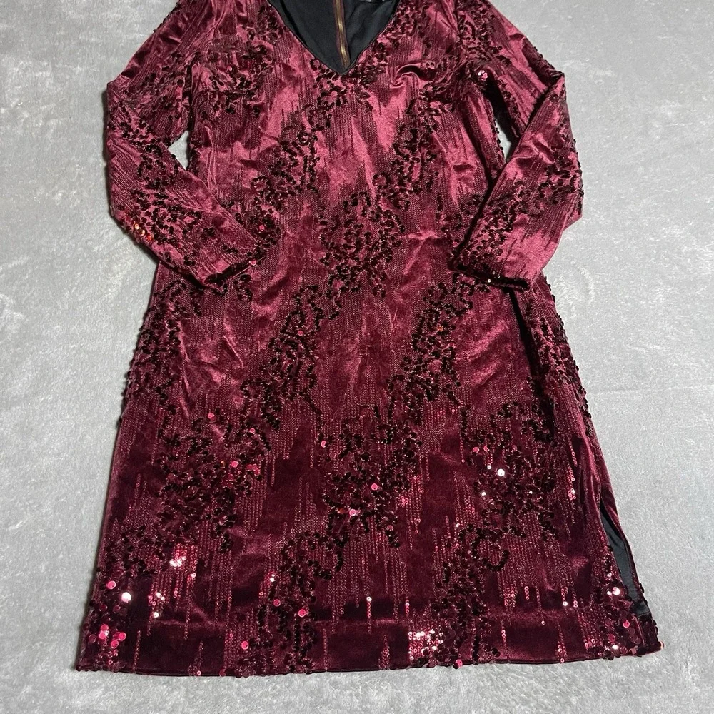 Alexia‎ Admor Dress Womens 8 Wine Red Velvet Sequin Long Sleeve V Neck